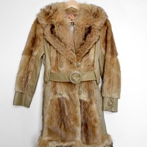 Vintage 1970s Leather and Fox Fur Coat - Belted Retro Luxury Outerwear